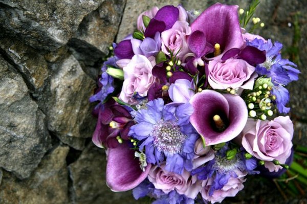 Purple and white calla lilies which symbolize charm and innocence respectively.