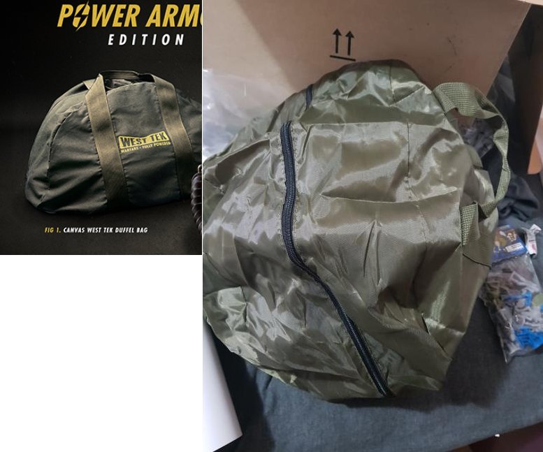 Comparison of the promised canvas bag that Bethesda advertised and the actual Nylon bag people got.