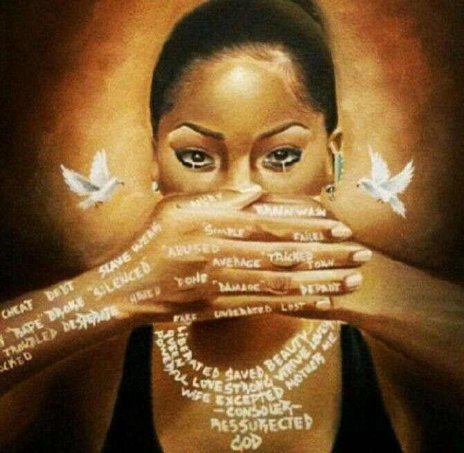 The picture is explaining, metaphorically, how society silence black women from speaking up about their problems. 
