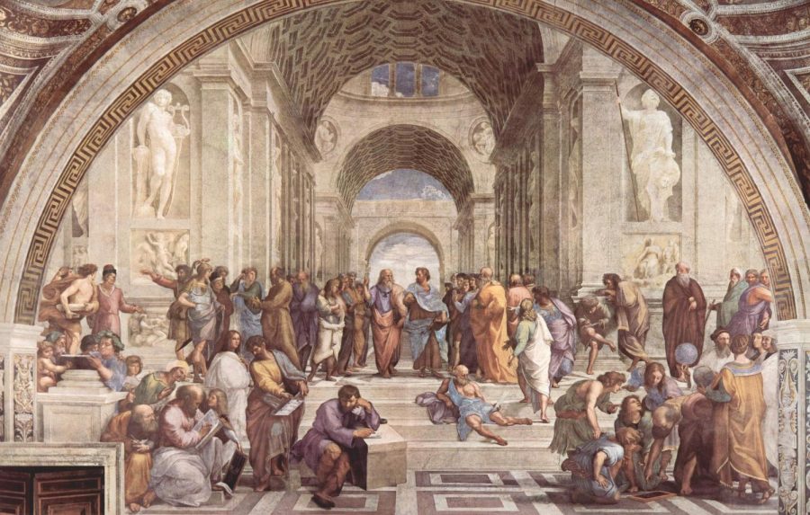The School of Athens by Rafael in the Apostolic Palace in the Vatican City. The School of Athens is owned by the Vatican.
