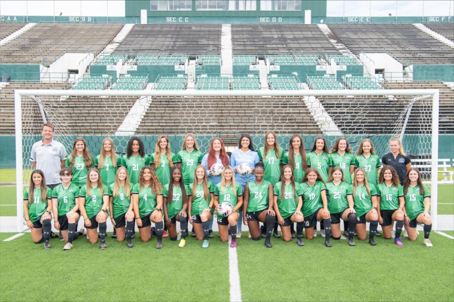 The Delta State womens soccer team, 2022-2023, poses on media day.