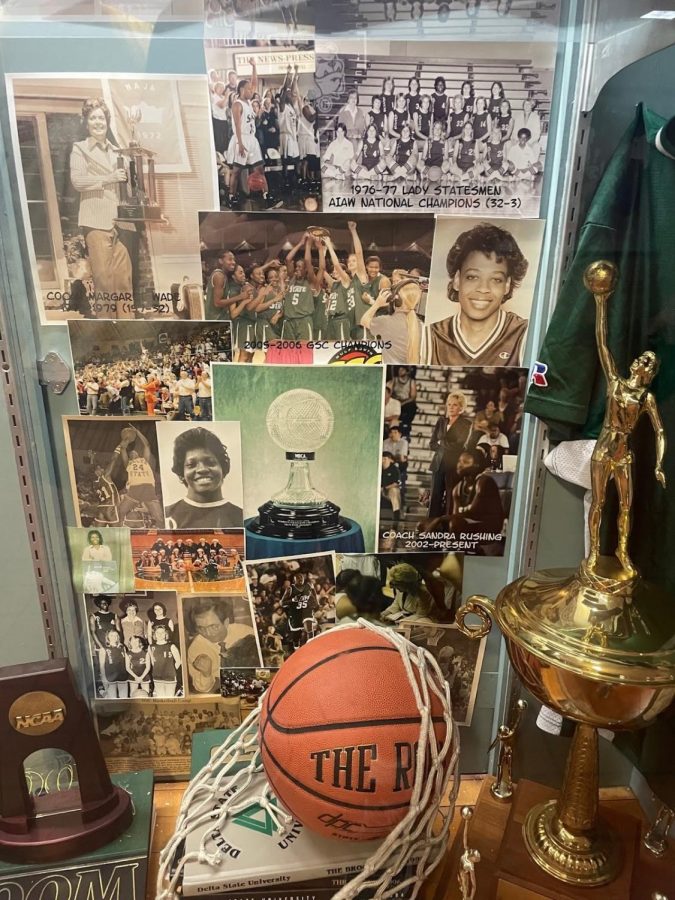 A+collage+of+historical+pictures+from+legendary+Delta+State+women%E2%80%99s+basketball+teams+that+includes+Harris.+This+one+of+the+few+physical+pieces+of+memorabilia+recognizing+her.+